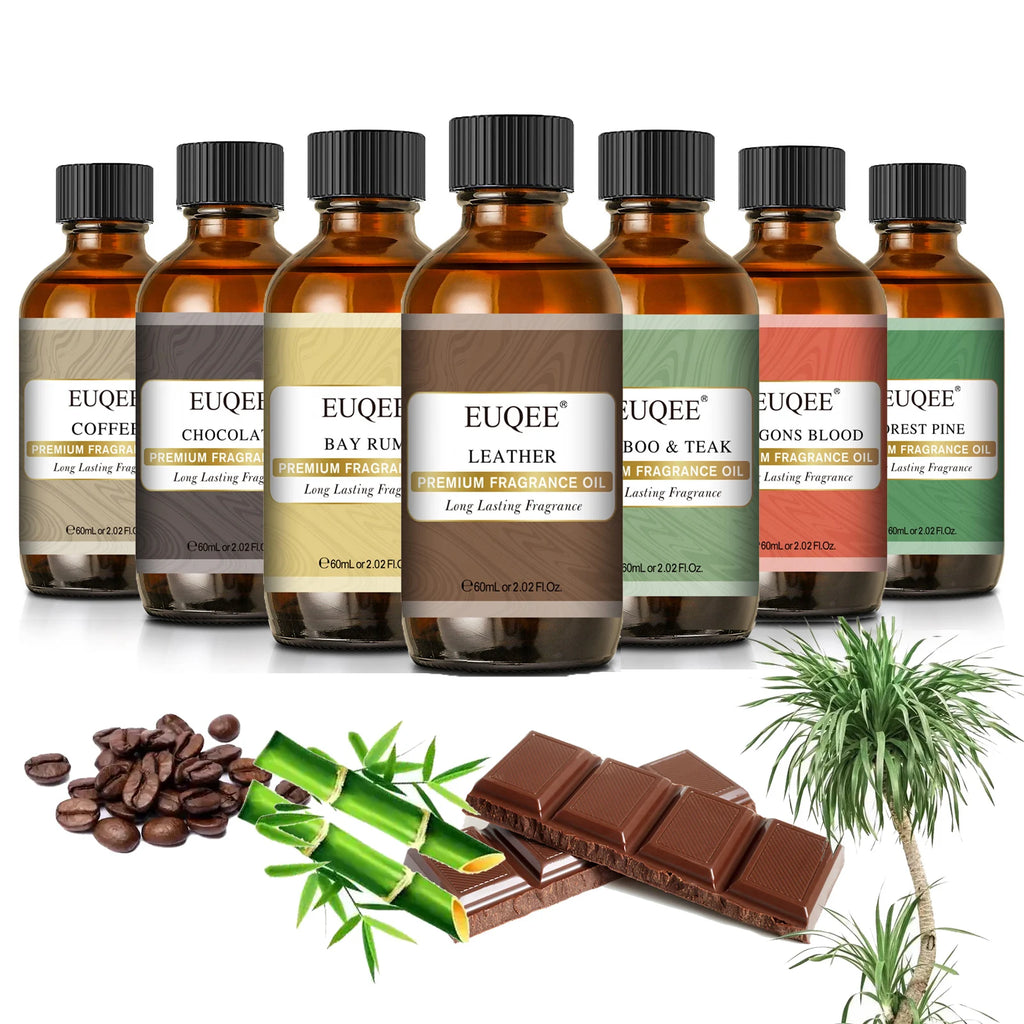 EUQEE 60ml (2 Fl.Oz.) Men's Fragrance Oil For Reed Diffuser, Car Diffusion-Leather Coffee Bamboo & Teak Bay Rum Aromatherapy Oil