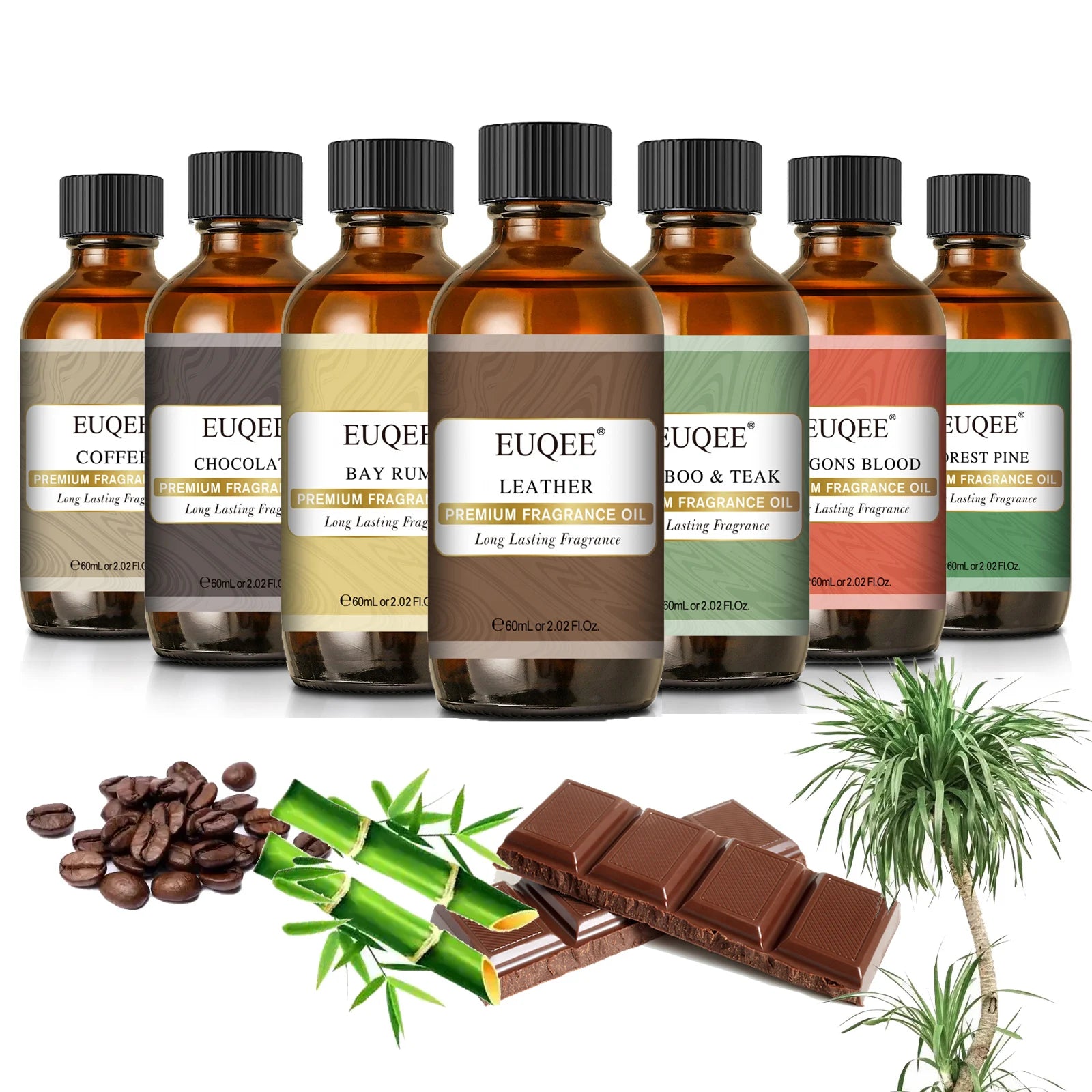 EUQEE 60ml (2 Fl.Oz.) Men's Fragrance Oil For Reed Diffuser, Car Diffusion-Leather Coffee Bamboo & Teak Bay Rum Aromatherapy Oil