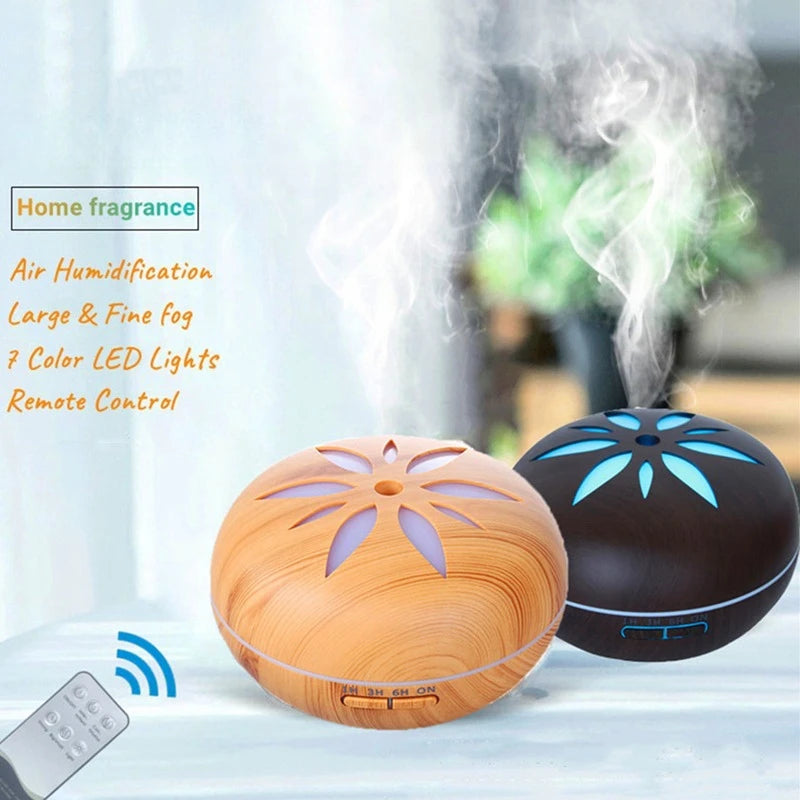 500ML Aromatherapy Essential Oil Diffuser Wood Grain Remote Control Ultrasonic Air Humidifier Cool with 7 Colorful LED Light