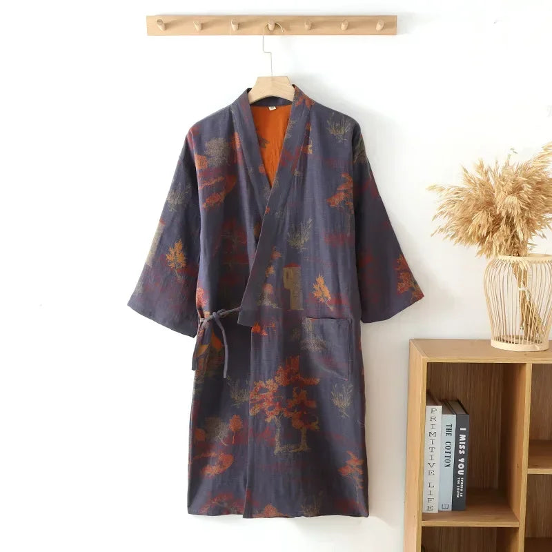 Roomwear Cotton Kimono Pajamas Robes for Spring Jacquard Printed Home Men's Clothing Medium Length Oversized Breathable Bathrobe