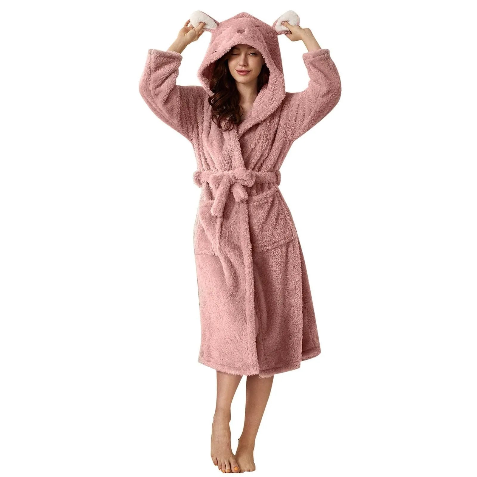 Women Winter Plush Night Robe Minimalist Solid Color With Rabbit Shaped Hooded Bring You Cozy Comfortable Thermal Experience