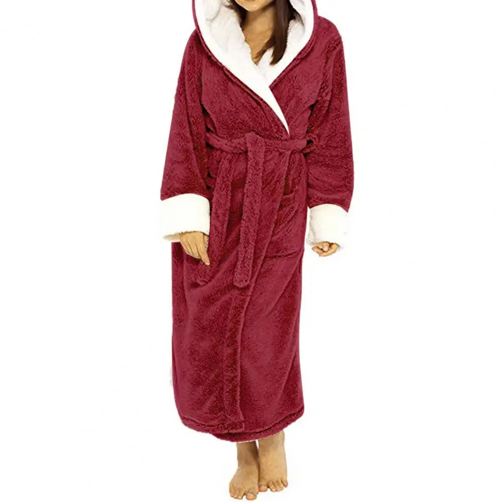 Women Bathrobe Plush Thicken Hooded Nightgown Autumn And Winter Warm And Comfortable Long-sleeved Robe Homewear Home Bath Robe