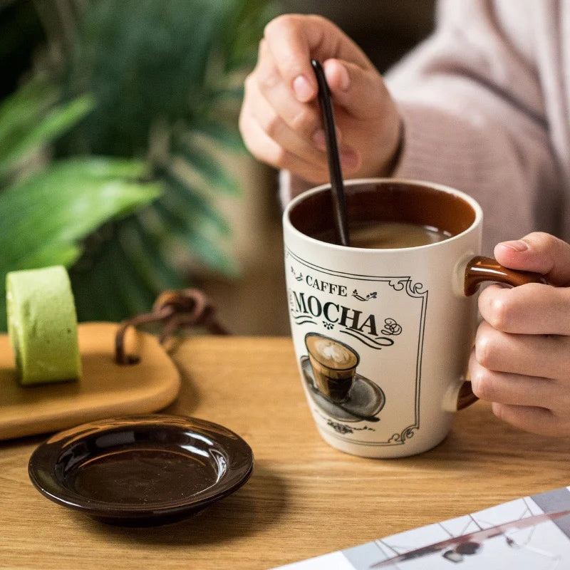 European Light Luxury Ceramic Coffee Cups High Value Vintage Large Capacity Latte Mug With Lid Spoon Home Water Cups Drinkware