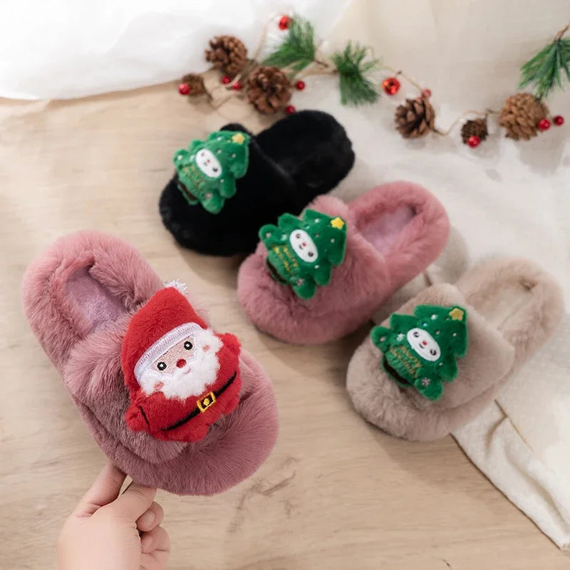 Kids Warm Slippers Santa Claus Cute Children Cross Plush Shoes Christmas Gift 2025 Winter New Girls Casual Shoes Soft Bottom