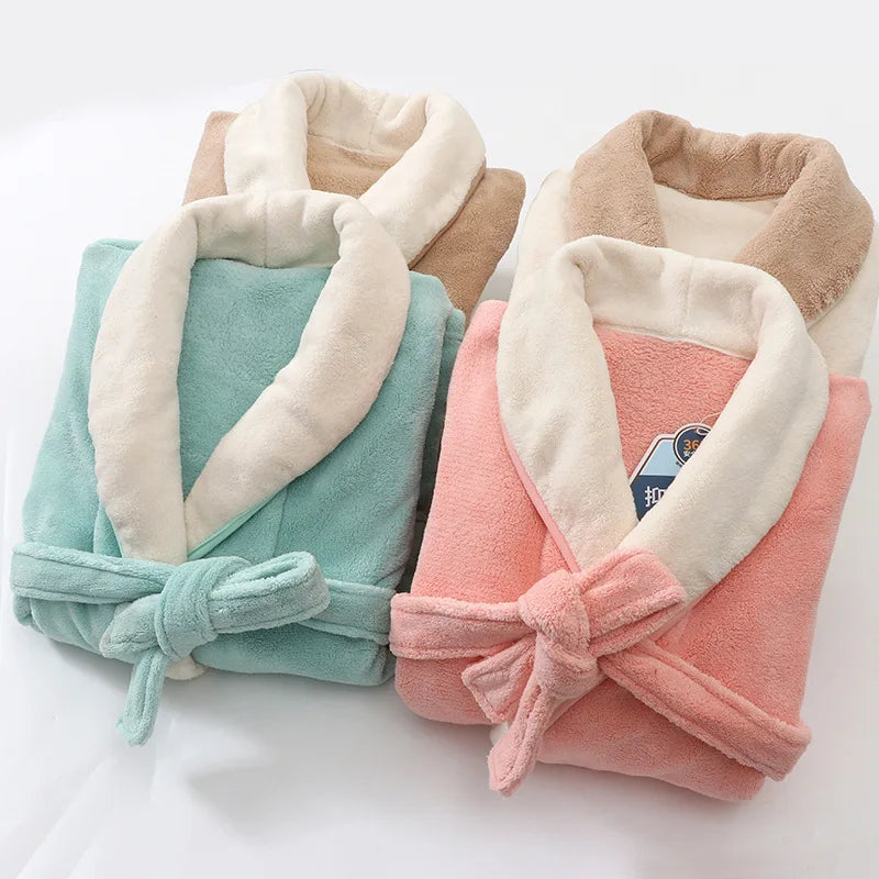 Winter Thicken Bathrobes for Kids Girls Flannel Warm Nightgown Teens Boys Bathing Robe Solid Color Night Robe Baby Dressing Gown