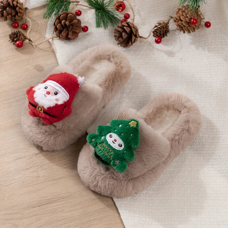 2025 Winter New Kids Warm Slippers Santa Claus Cute Children Cross Plush Shoes Christmas Gift Girls Casual Shoes Soft Bottom