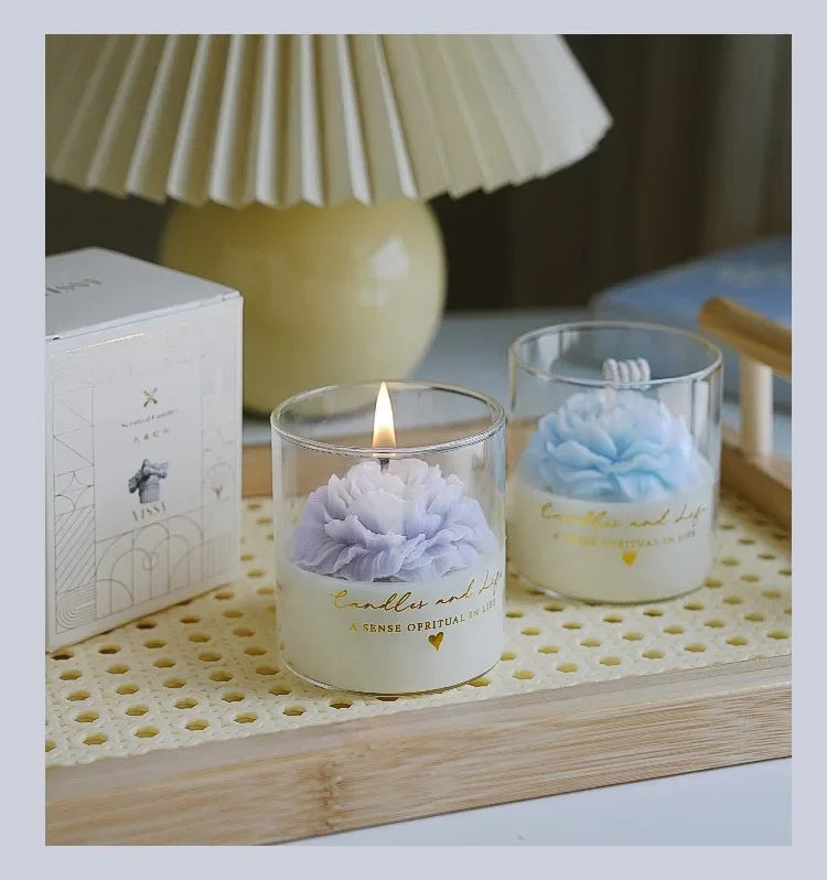 Handmade Peony Flower Glass Cup Scented Candle Aromatherapy Soy Wax Candles Wedding Birthday Candle Party Home Decoration