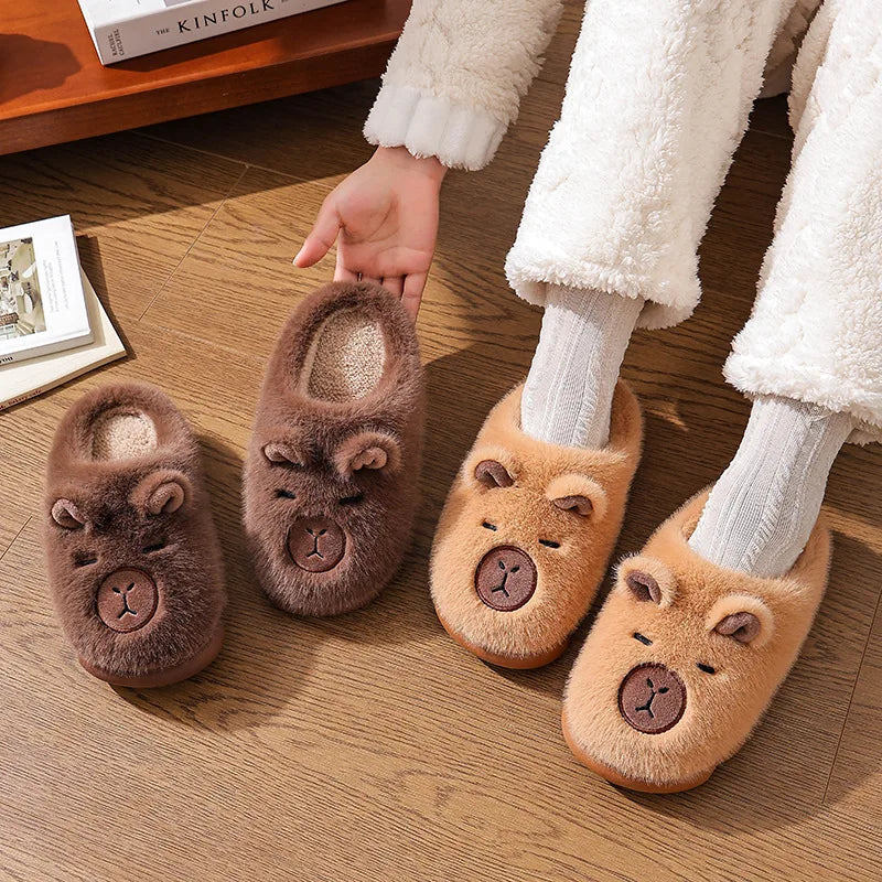 Winter Home Slippers for Couples Warm Plush Neutral Cartoon Cow Indoor Anti Slip Comfortable Cotton Slippers for Men and Women