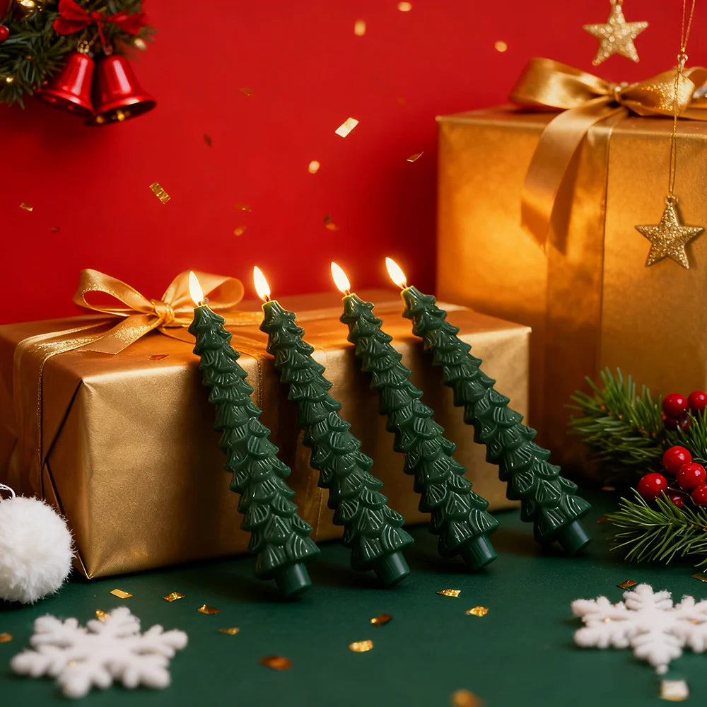 4pcs Christmas Tree LED Flameless Taper Candles, Flickering Christmas LED Taper Candles Light Battery Operated