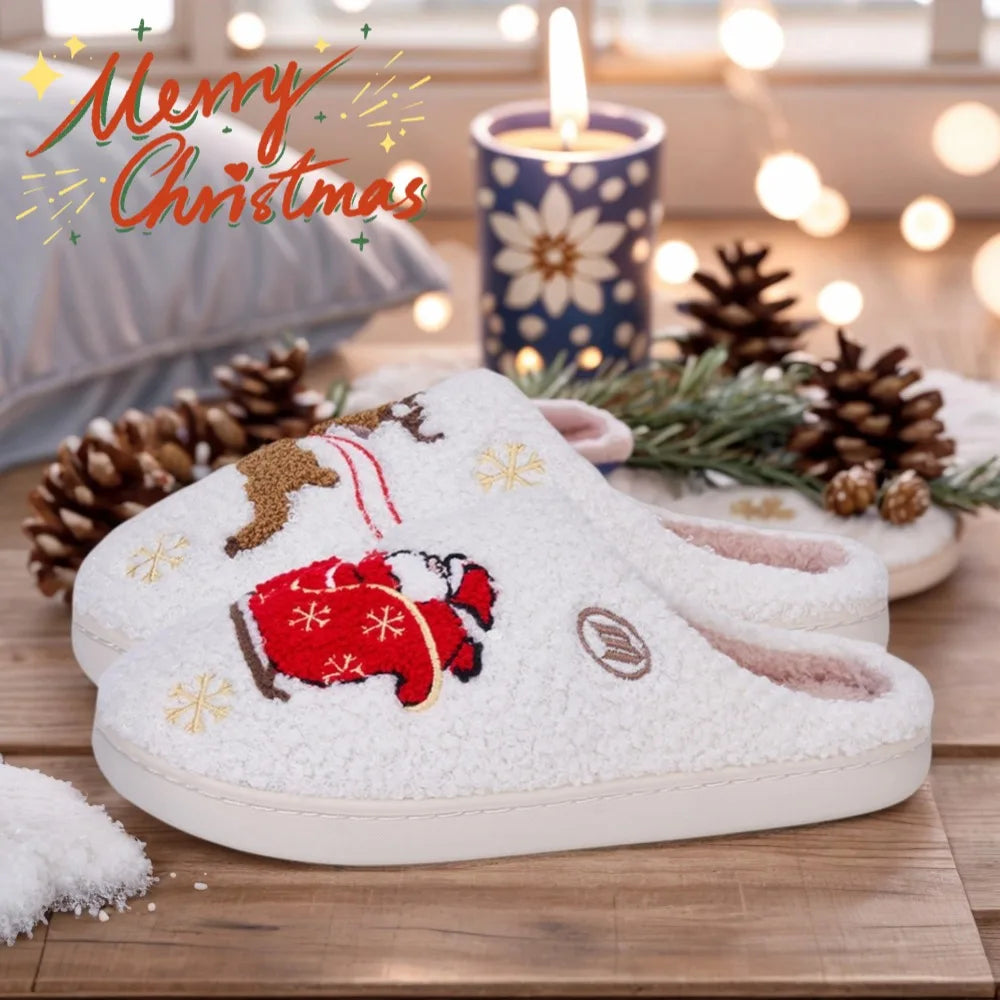Christmas Women Slippers Cute Santa Claus Elk Winter Warm Couple Houseshoes Bedroom Flat Soft Sole Home Slippers Shoes Xmas Gift