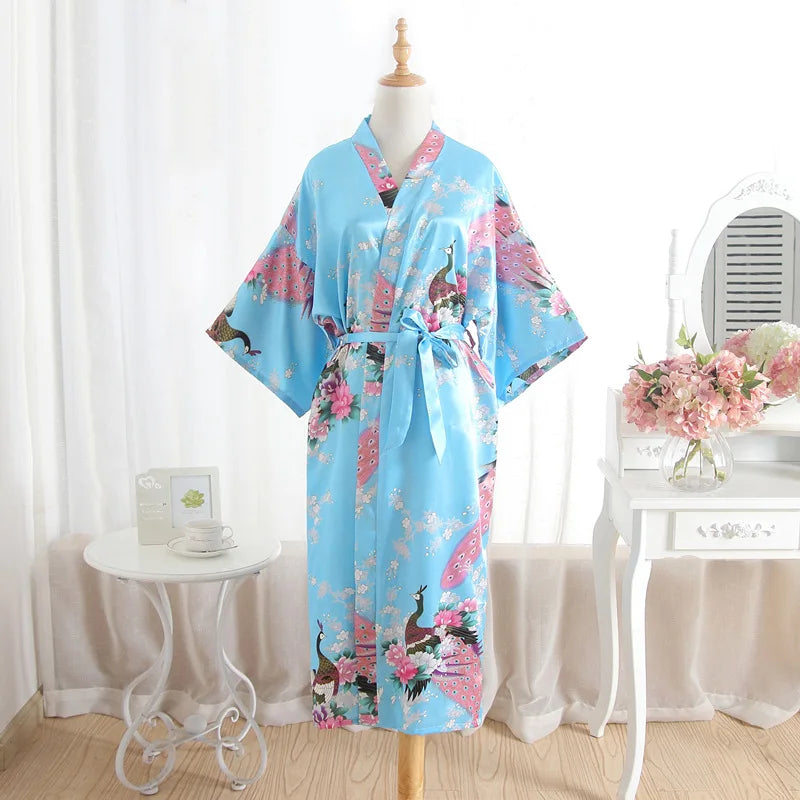 Women Long Robe Print Flower Peacock Kimono Bathrobe Gown Bride Bridesmaid Wedding Robes Sexy Sleepwear