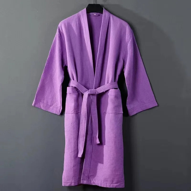 Women Towel Bathrobe 100%Cotton Long Thick Absorbent Terry Bath Robe Kimono Men LightWeight Waffle Solid Dressing Gown Sleepwear