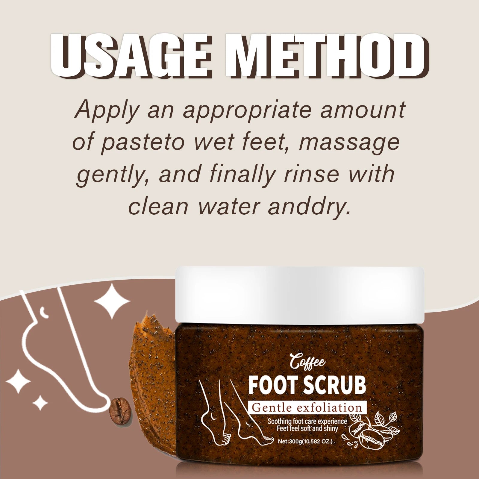 300g Coffee Foot Scrub - Gentle Exfoliating & Moisturizing, Softens Cuticles, Removes Dead Skin, Leaves Feet Soft & Glowing