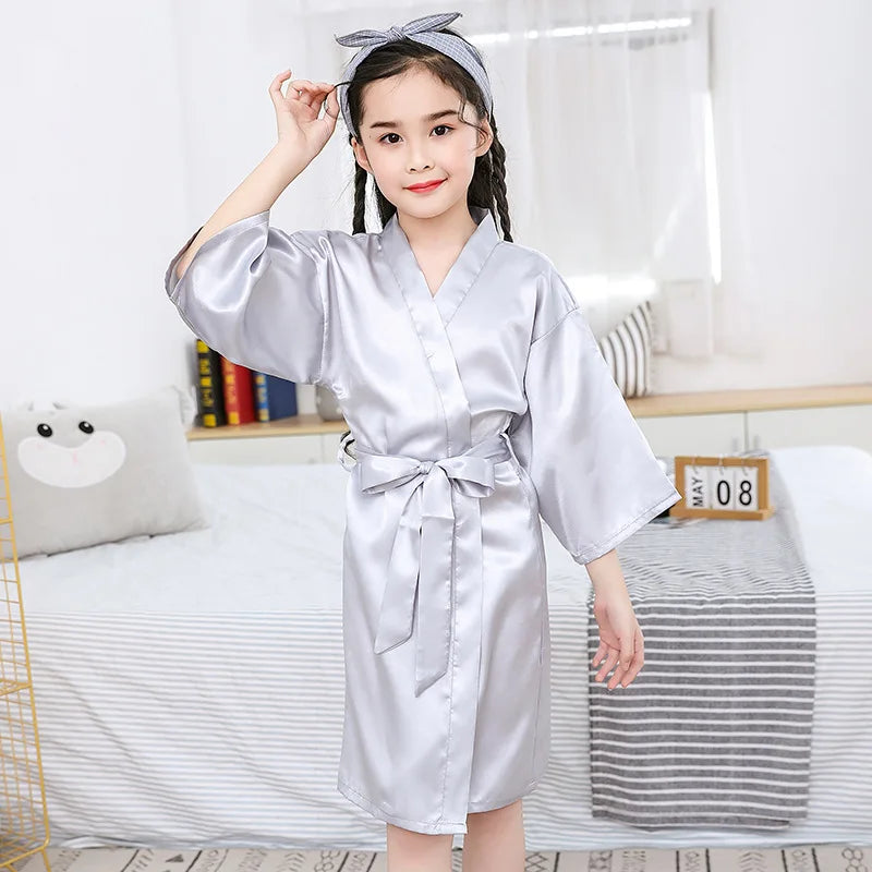 Baby Kids Silk Satin Robe Spring Summer Pajamas Short Bathrobe For Boys Girls Home Clothes Children Wedding Kimono Party Gifts