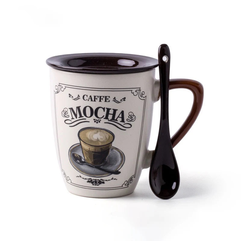 European Light Luxury Ceramic Coffee Cups High Value Vintage Large Capacity Latte Mug With Lid Spoon Home Water Cups Drinkware