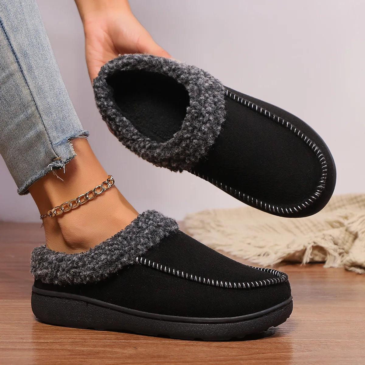 Plush Winter Corduroy Slide Slippers for Men & Women – Warm Indoor House Shoes
