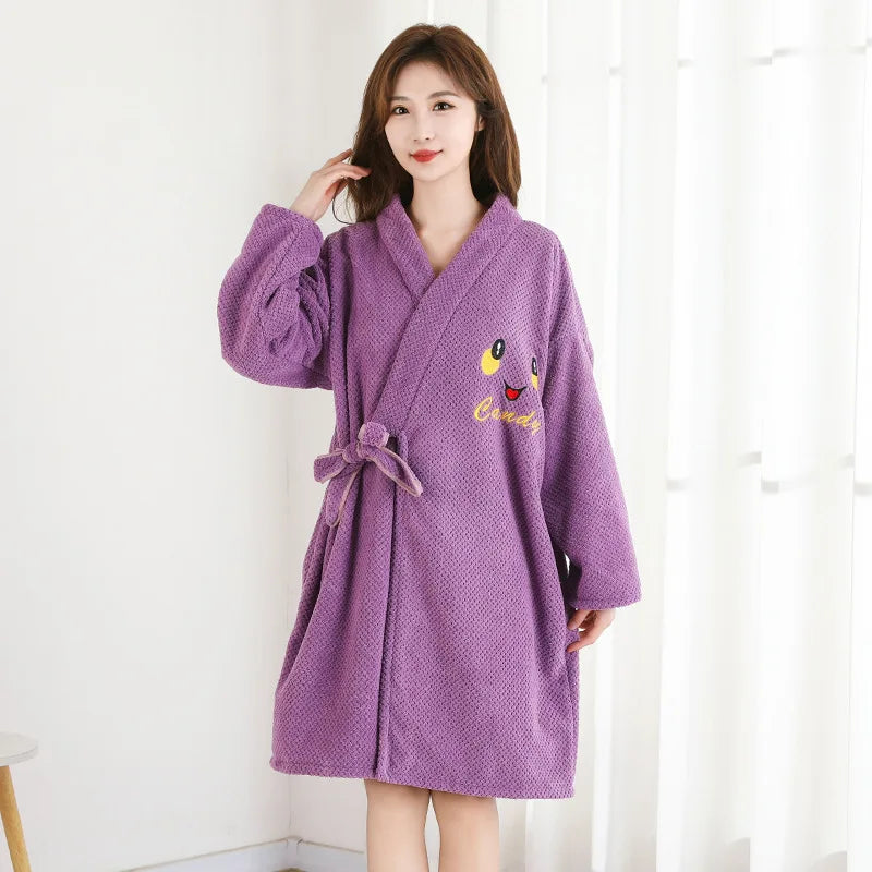 Thickened Warm Bathrobe Women's Shower Bathrobe Bath Towel Adult Student Pajamas Wearable Wrappable Sleeping Gown Girl Sleepwear