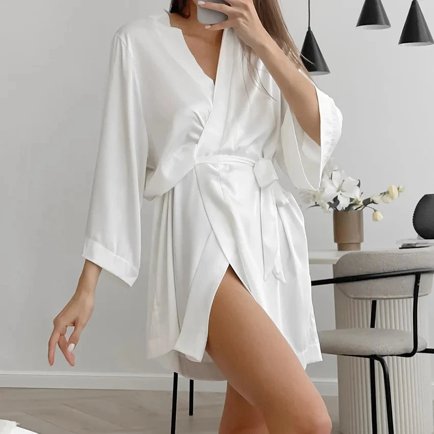 Women Wedding White Bride Robe Morning Gown 3/4 Sleeve Sleepwear Loose Nightgown Female Silk Satin Kimono Bathrobe Lingerie
