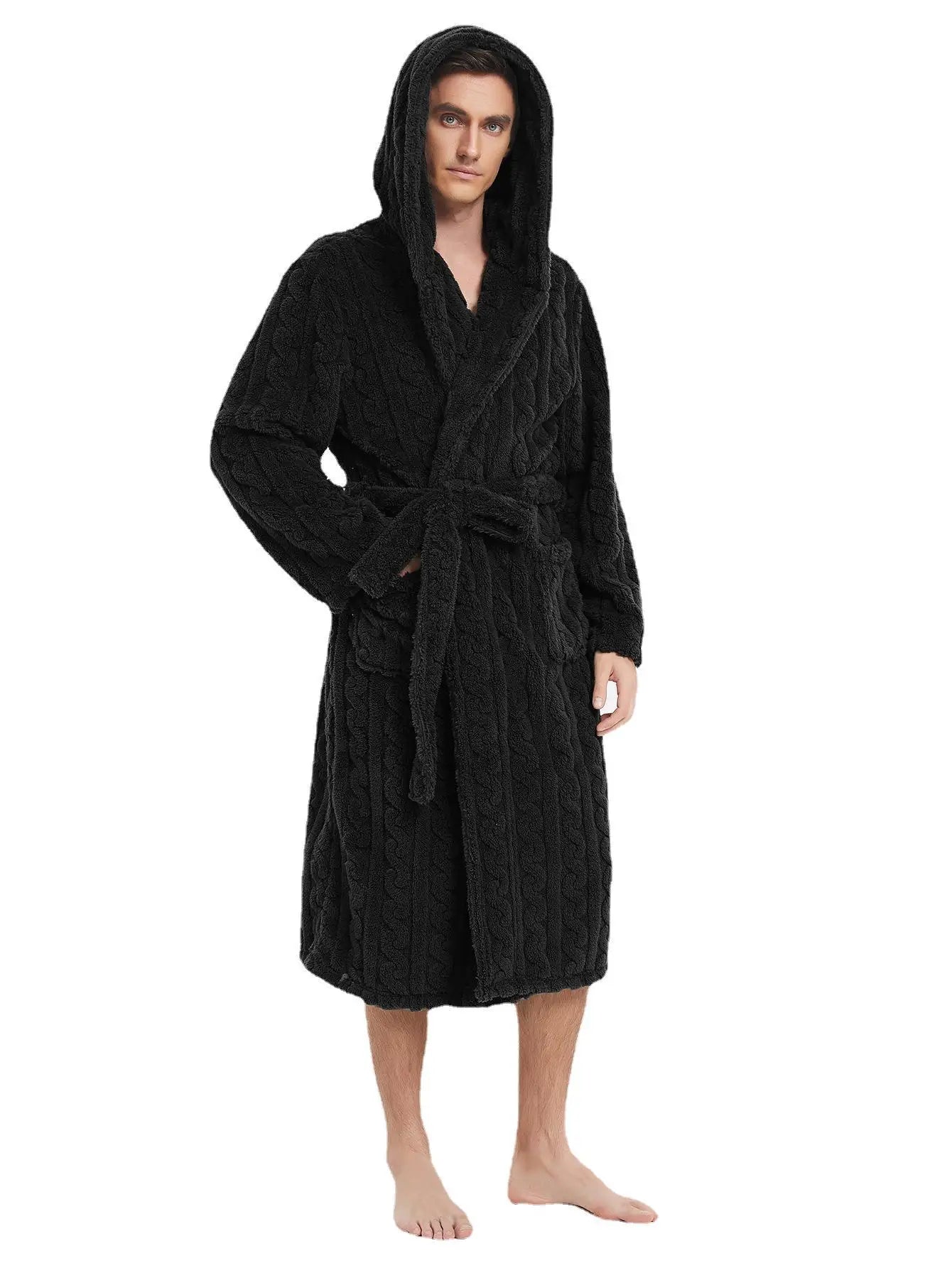 The New Fall and Winter Men's Warm Robe Pajamas Couple Robe Shu Cotton Velvet Jacquard Hooded Thickened Couple Robe Homewear