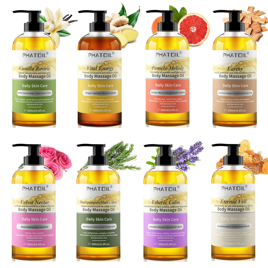 PHATOIL 260ml Body Oil-Deeply Moisturizing & Soothing Massage Oil with Long-Lasting Fragrance Vanilla Ginger Rosemary Body Oils