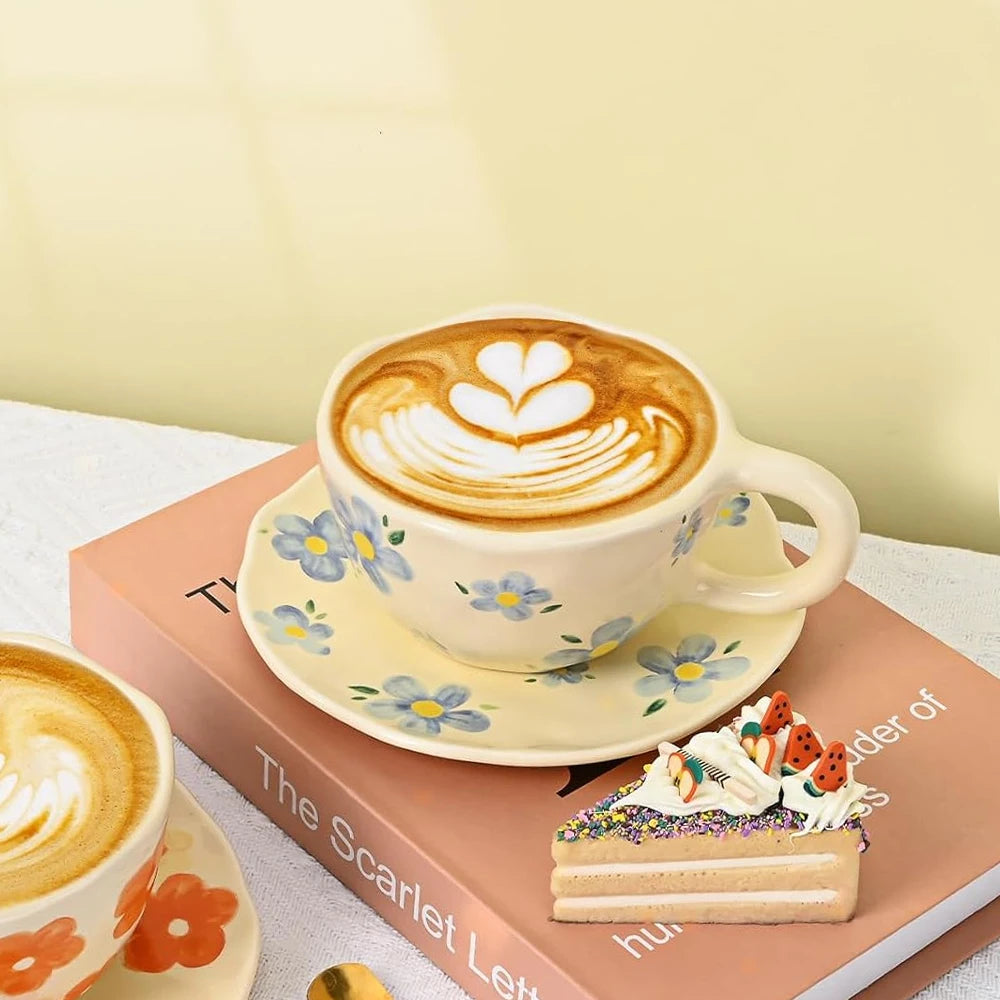 Ceramic Mugs Coffee Cups Hand Pinched Irregular Flower Milk Tea Cup with Plate Ins Style Drinkware Breakfast Mug Kitchen