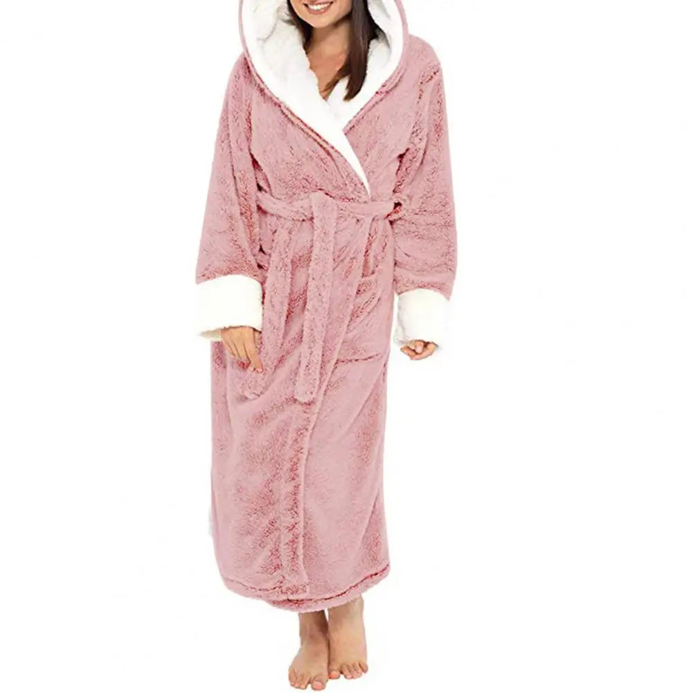 Women Bathrobe Plush Thicken Hooded Nightgown Autumn And Winter Warm And Comfortable Long-sleeved Robe Homewear Home Bath Robe