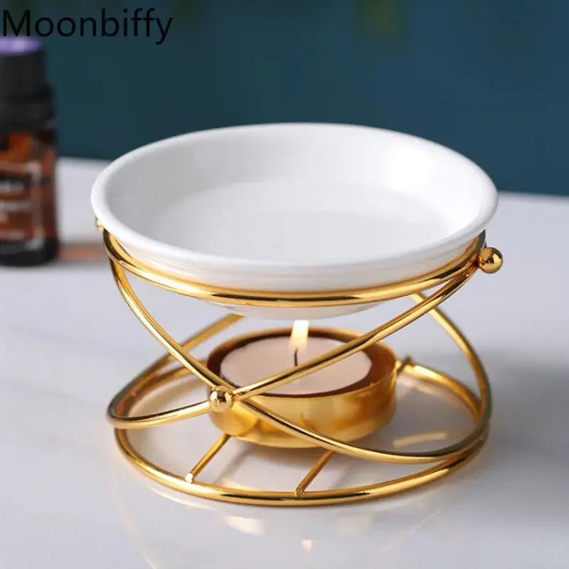 Creative Aroma Burner Oil Lamp Gold Black Color Essential Oil Incense Burner Ceramic Bowl Iron Rack Candle Holder Home Decor