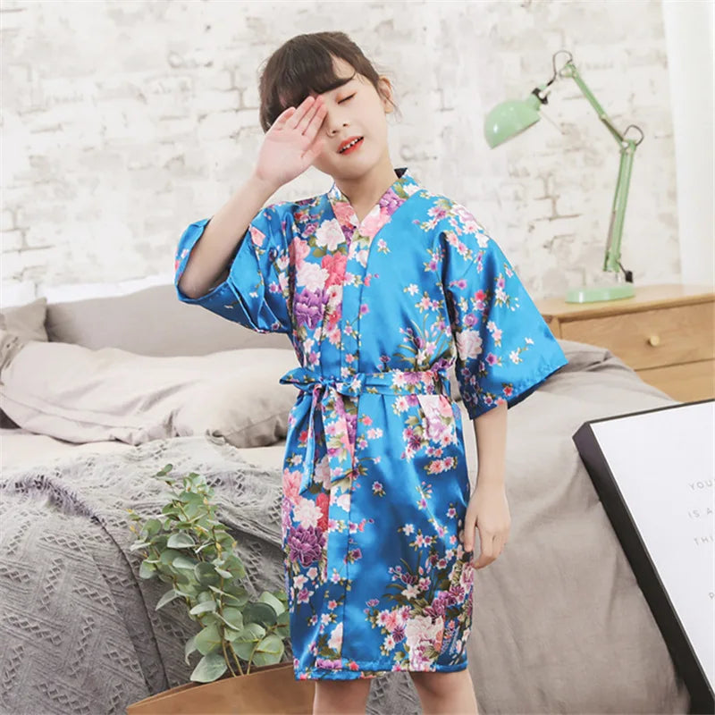 Floral Print Summer Infant Baby Girls Robes Toddler Baby Kids Girls Floral Satin Kimono Robes Bathrobe Sleepwear Clothes