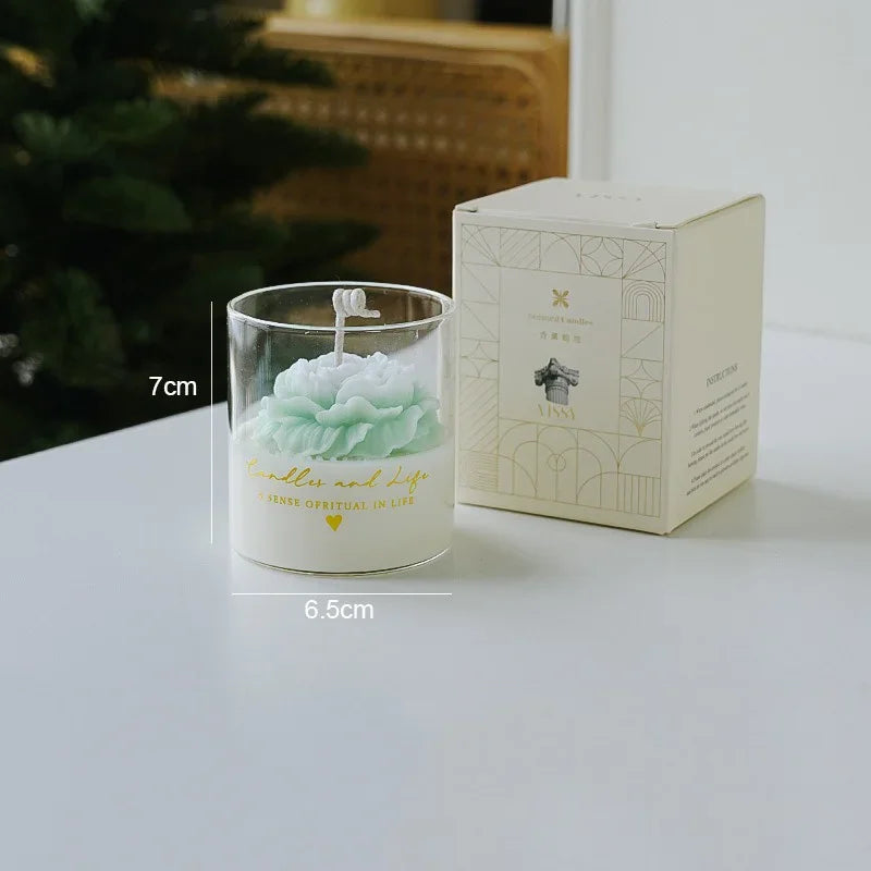 Handmade Peony Flower Glass Cup Scented Candle Aromatherapy Soy Wax Candles Wedding Birthday Candle Party Home Decoration