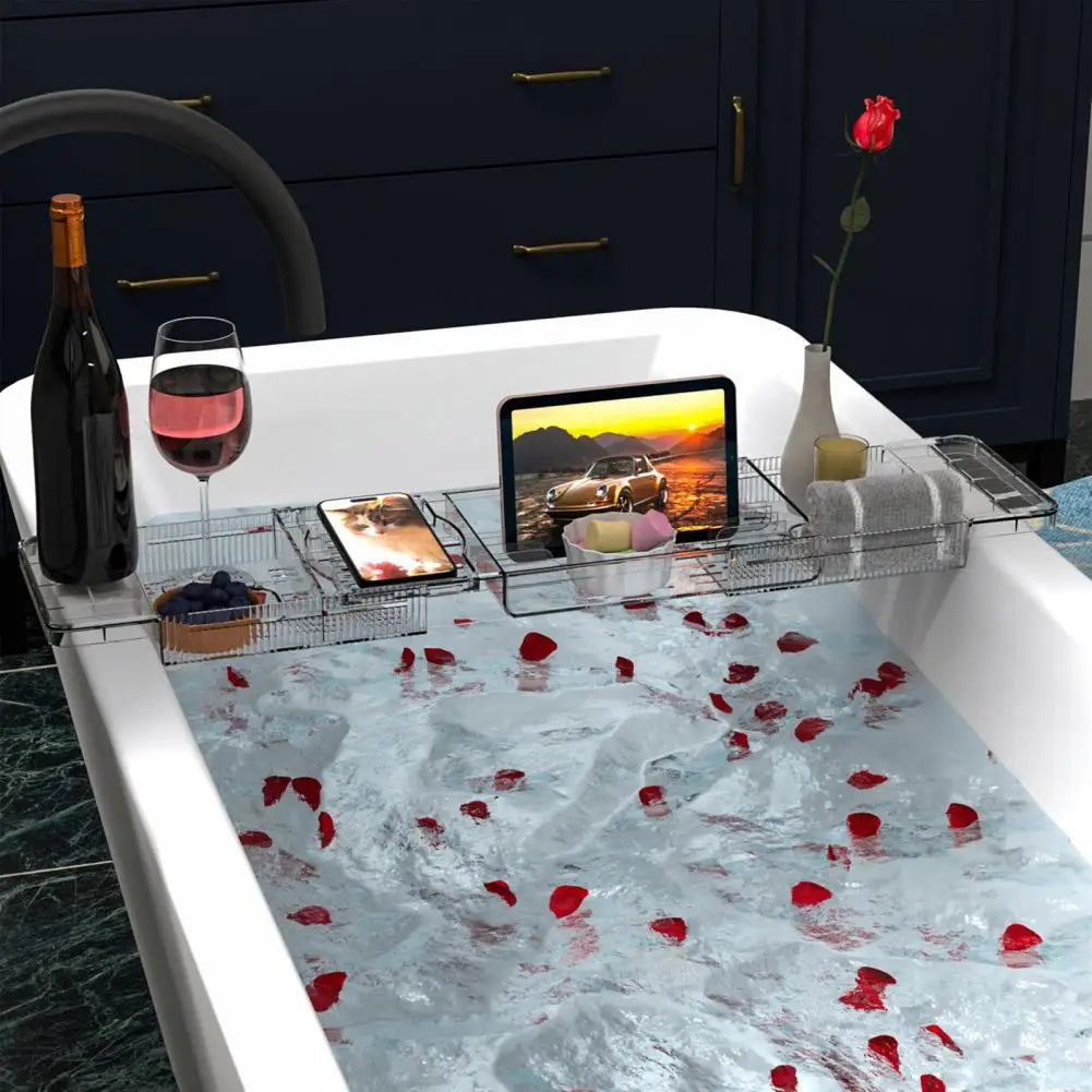 Tub Tray with Handles Luxury Spa Bathtub Caddy Tray with Retractable Design for Phone Tablet Wine Cup Organization Transparent