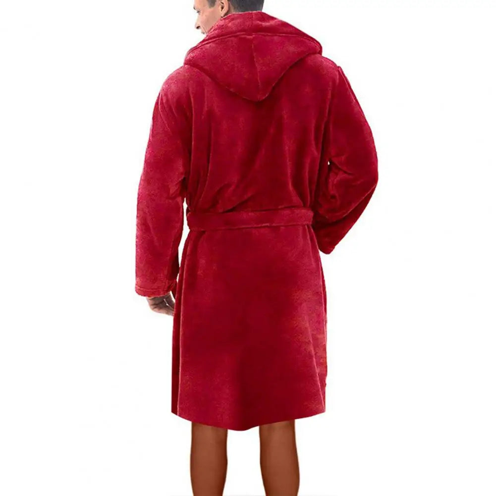 Oversize Men Bathrobe Long Sleeve Fleece Nightgown Winter Warm Hooded Long Robe Pajamas Fleece Gown Plush Bath Robe Sleepwear