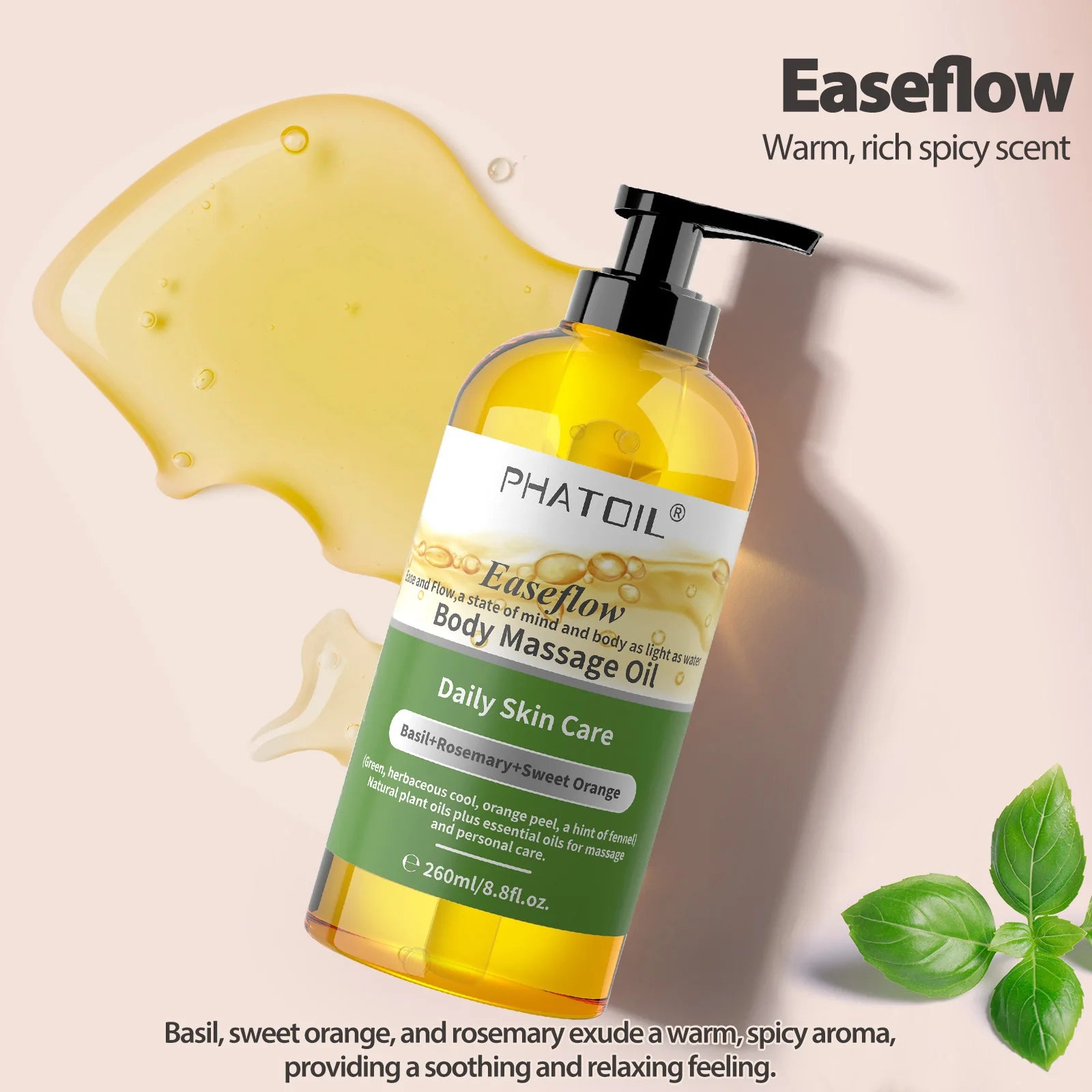 PHATOIL 260ml Body Oil-Deeply Moisturizing & Soothing Massage Oil with Long-Lasting Fragrance Vanilla Ginger Rosemary Body Oils
