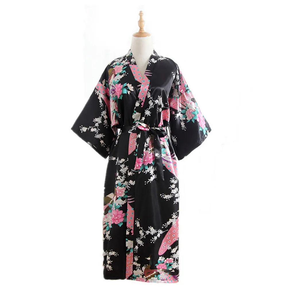 Women Long Robe Print Flower Peacock Kimono Bathrobe Gown Bride Bridesmaid Wedding Robes Sexy Sleepwear