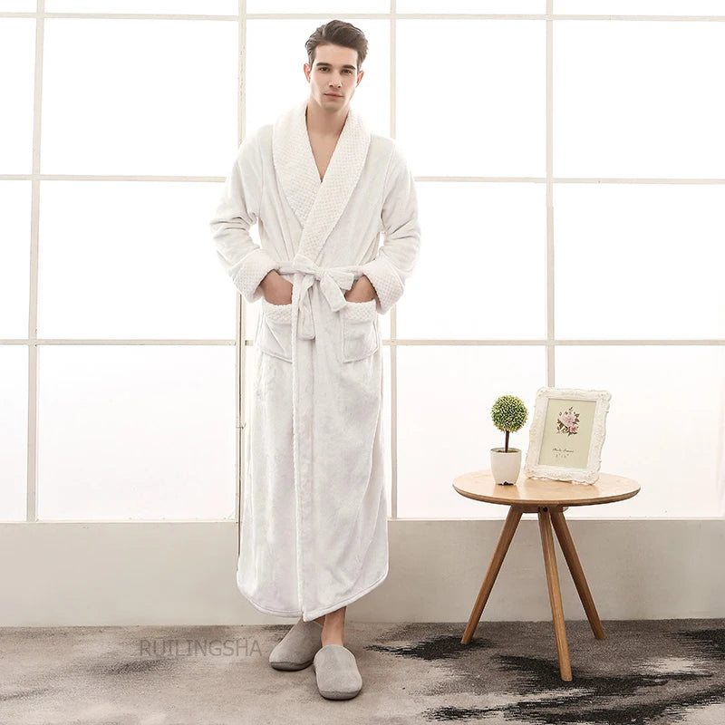 Night Dress Women Bathrobe Flannel Robe Women's Winter Lengthened Coralline Plush Shawl Bathrobe Long Sleeved Warm Bath Robe Men
