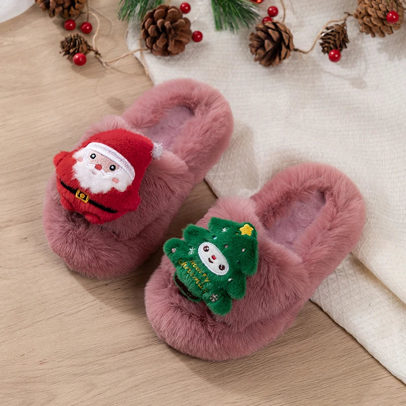 2025 Winter New Kids Warm Slippers Santa Claus Cute Children Cross Plush Shoes Christmas Gift Girls Casual Shoes Soft Bottom
