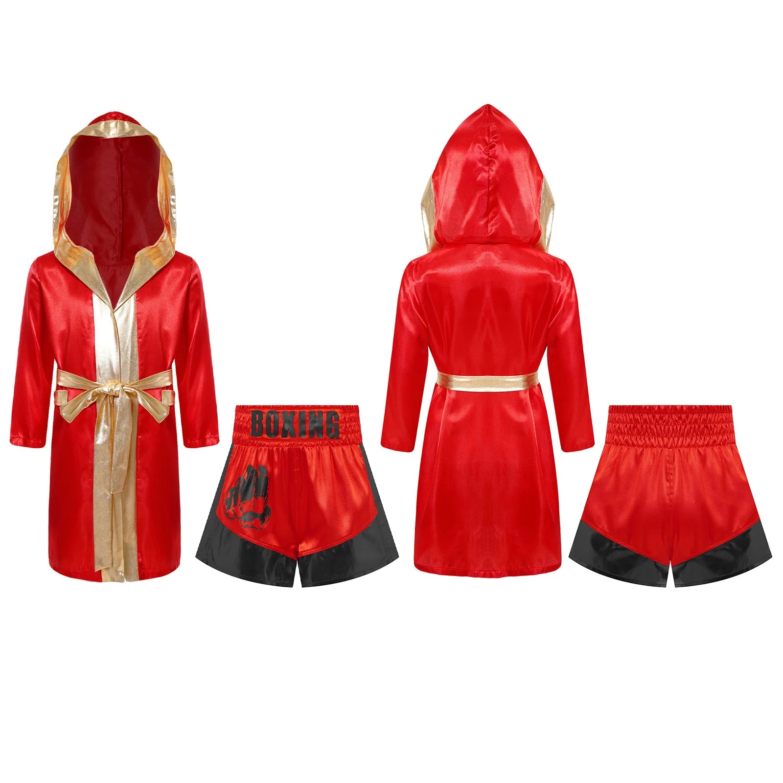 Kids Boxing Robe Outfits Cosplay Costume Metallic Trim Satin Belted Robe Kickboxing Hooded Cloak with Shorts for Halloween Party