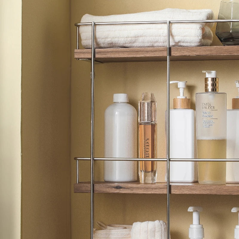 Bathroom Walnut Wall-Mounted Storage Rack, Stainless Steel Shelf for Toiletries, Hanging Organizer for Bathroom Essentials