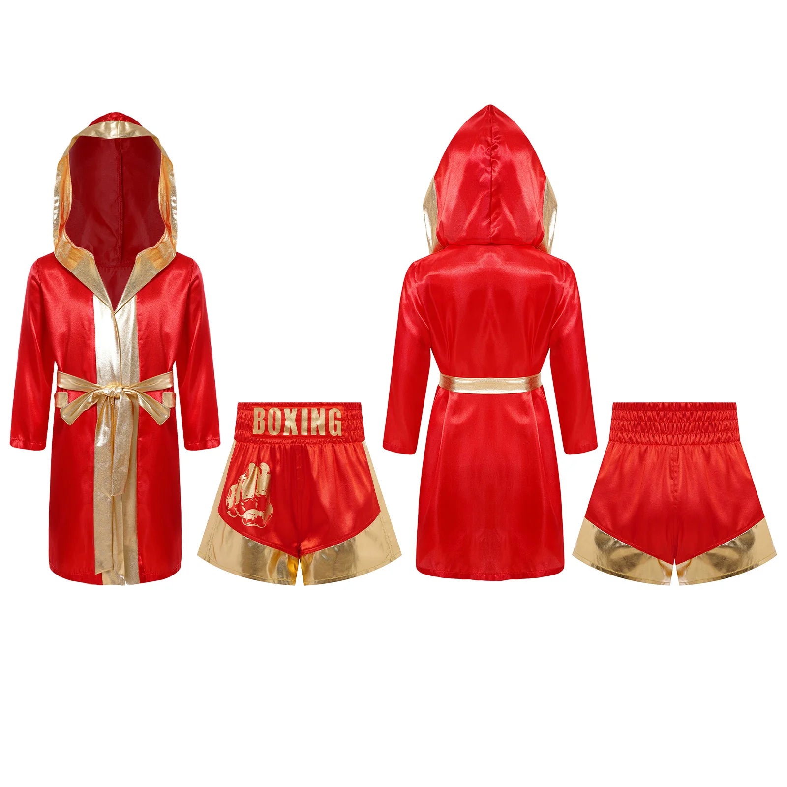 Kids Boxing Robe Outfits Cosplay Costume Metallic Trim Satin Belted Robe Kickboxing Hooded Cloak with Shorts for Halloween Party
