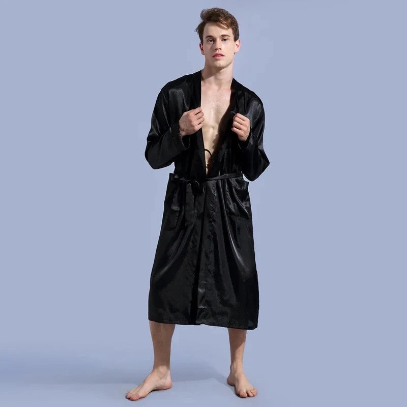 Men's V Neck Satin Robe Kimono Long Bathrobe Pajamas Sleepwear Christmas Robes for Wedding Party Men Loungewear Dressing Gown