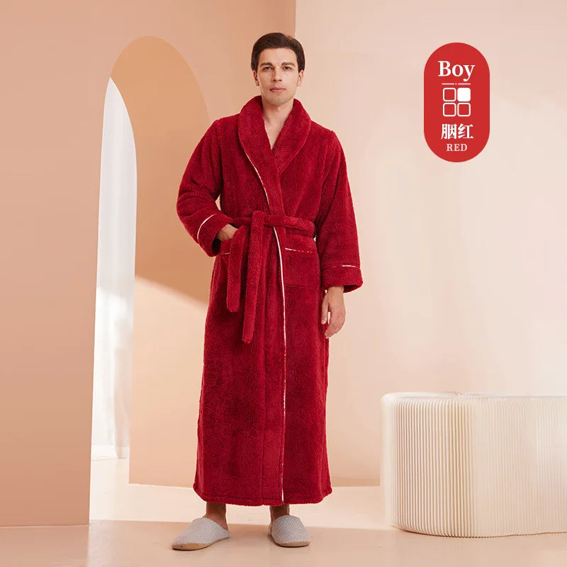 Men Plush Long Fleece Bathrobe Soft Terry Cloth Robe with Belt Multi-Color Cozy Loungewear for Unisex Warm Winter Sleep Robe
