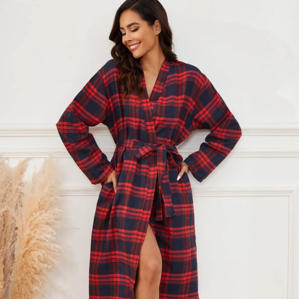 Women's Sexy Robe Cotton Bathrobe Kimono Gown Spring Autumn Checkered Sleepwear Loose Casual Home Wear Long Sleeves Nightwear