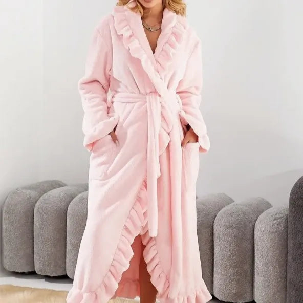 Women's Long Warm Robe Home Wear 2025 Autumn and Winter Coral Velvet Thickened Bathrobe Casual Soft Solid Lace Up Loungewear