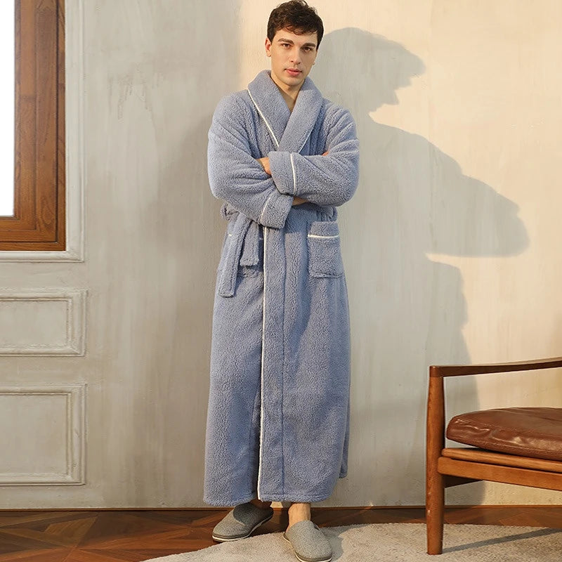 Men Plush Long Fleece Bathrobe Soft Terry Cloth Robe with Belt Multi-Color Cozy Loungewear for Unisex Warm Winter Sleep Robe
