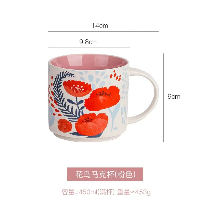 Floral Glaze Ceramic Mug 450ml Flower Bird Coffee Tea Cup Household Large Capacity Breakfast Mugs Business Gift Mugs Coffee Cups