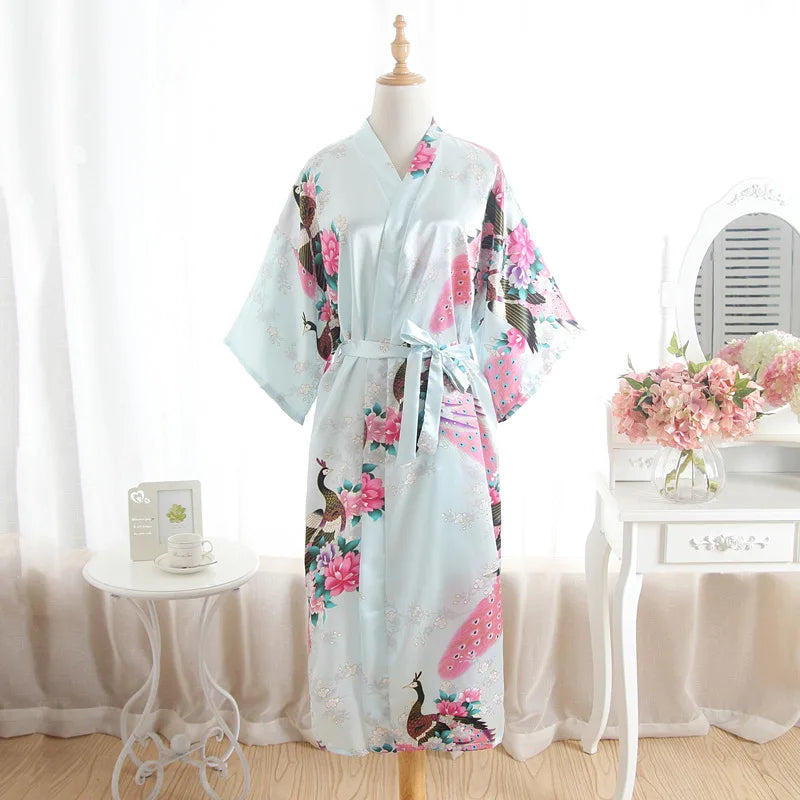Women Long Robe Print Flower Peacock Kimono Bathrobe Gown Bride Bridesmaid Wedding Robes Sexy Sleepwear