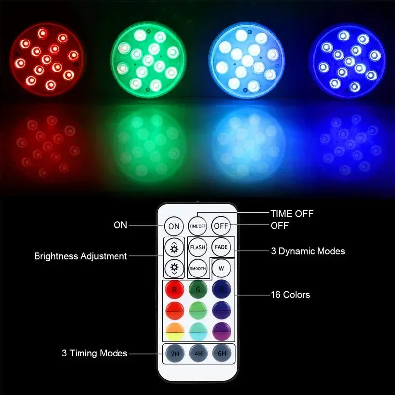 Updated IP68 RGB Submersible 13LED Underwater Light with Remote Control Underwater Pool Light Bright Lamp for Pond/Pool/Aquarium