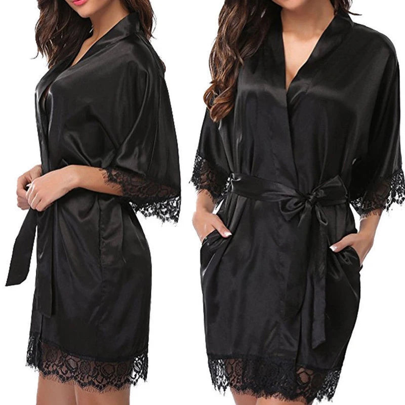 Women Pajamas Robes Sleepwear Nightgowns Half Sleeve Nightdress Lace Bathrobe Smooth Soft Comfortable Pure Color