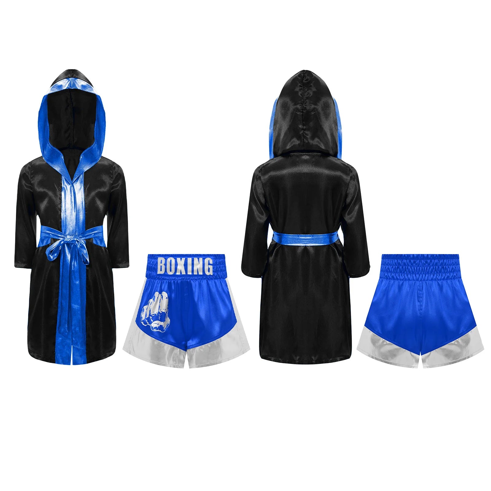 Kids Boxing Robe Outfits Cosplay Costume Metallic Trim Satin Belted Robe Kickboxing Hooded Cloak with Shorts for Halloween Party