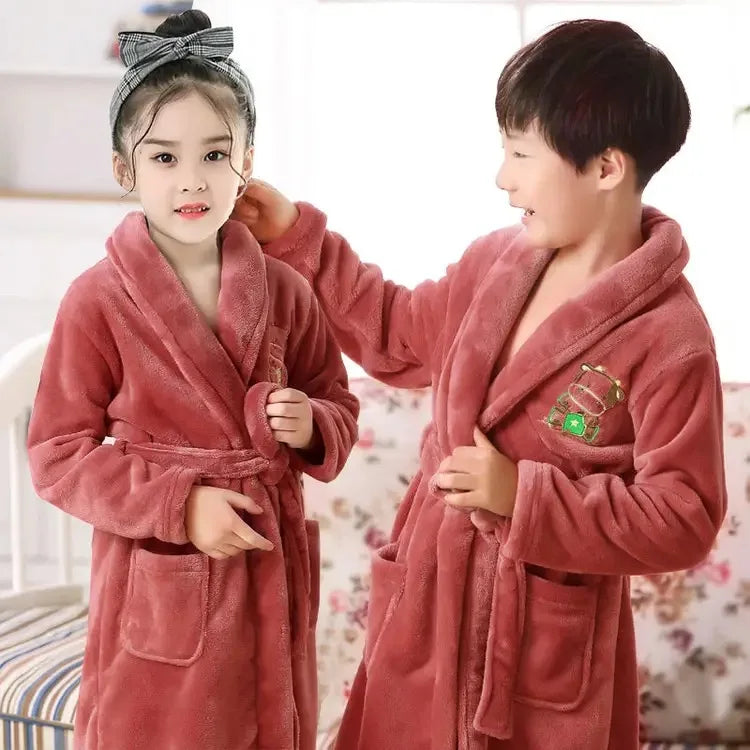 Winter Thicken Bathrobes for Kids Girls Flannel Warm Nightgown Teens Boys Bathing Robe Solid Color Night Robe Baby Dressing Gown
