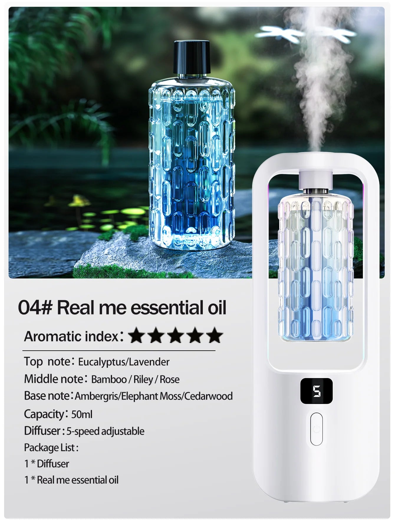 Automatic aromatherapy diffuser for eliminating odors, suitable for household use, with essential oil for air freshening.